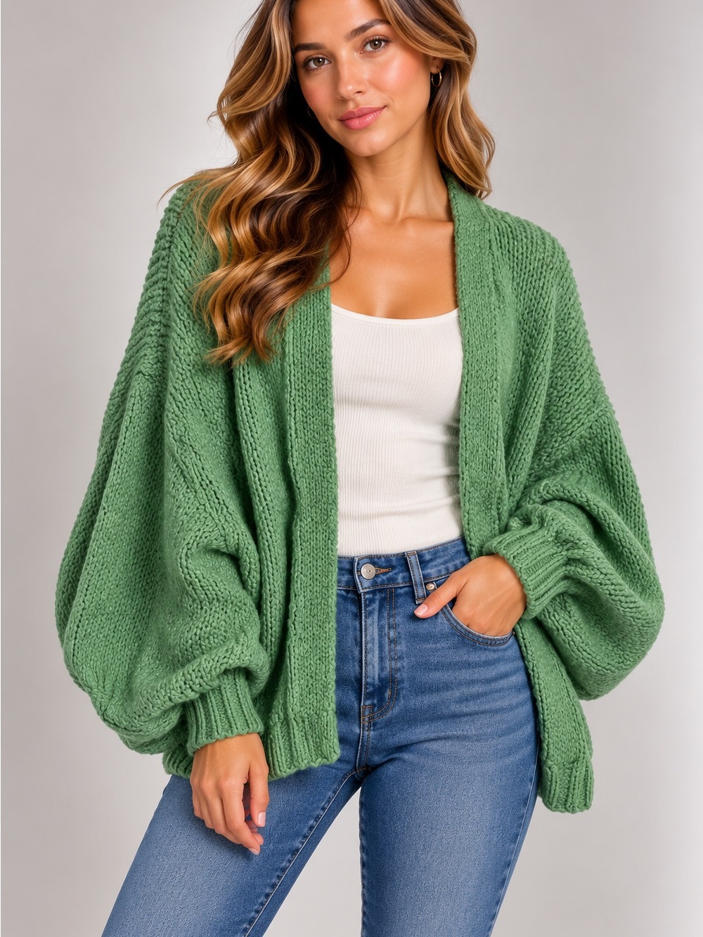 ASOS DESIGN Green Chunky Knit Oversized Balloon Sleeve Cardigan US 4